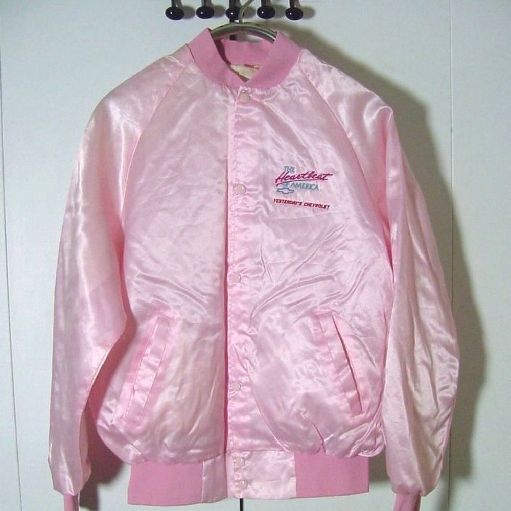 Vtg 8o's Pink Nylon Chevy Heartbeat America Jacket  Made USA Sz L